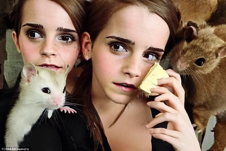 Image similar to selfie, emma watson as anthropomorphic furry - rat, she is rat, cats around, eating cheese, highly detailed, intricate details