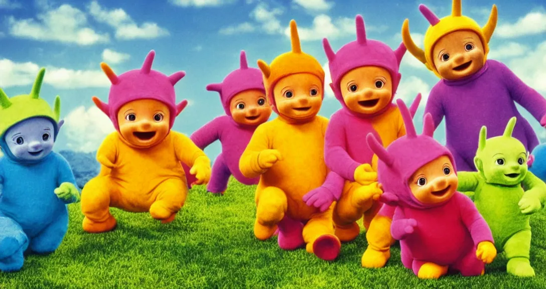 Image similar to teletubbies directed by zack snyder, cinematic, 3 5 mm film, dark, dramatic, movie