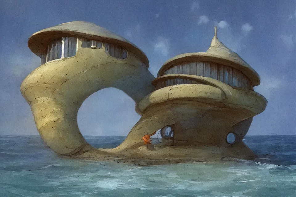 Prompt: giant seashell shaped house where a lone fisherman lives, in the style of john harris and moebius