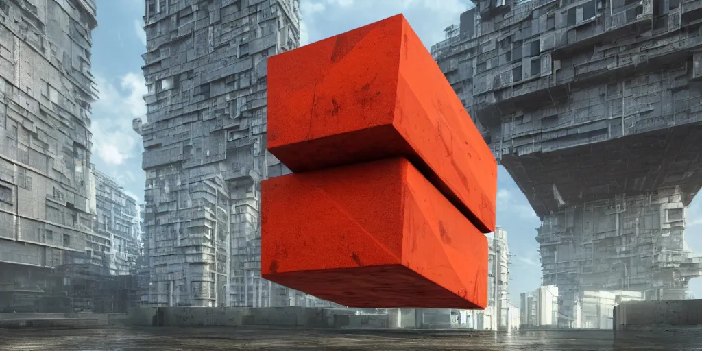 Image similar to highly detailed futuristic huge cube with red and orange glow, on the background brutalist architecture by Le Corbusier, abandoned buildings, empty streetscapes, surrounded by lush green vegetation, ground-level view, puddles of water, stunning volumetric lighting, sunset, trending on Artstation, 8k, photorealistic, hyper detailed, unreal engine 5, cinematic, epic lighting, cryengine, octane render, cyberpunk, dark, gloomy