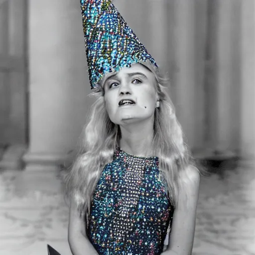 Image similar to a princess with long blonde hair and blue eyes wearing a sleeveless elaborately beaded pink dress and a cone shaped hat, high resolution film still, film by Simon Langton and David Frankel