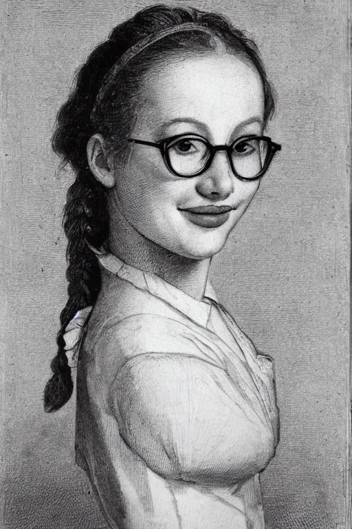 Prompt: beautiful face portrait of a young slim woman, large high forehead, overbite, recessed jaw, winged eyeliner, glasses, lower lip piercings, brown hair in pigtails and bangs, smile lines, poking tongue out by nicholas hilliard, raphael