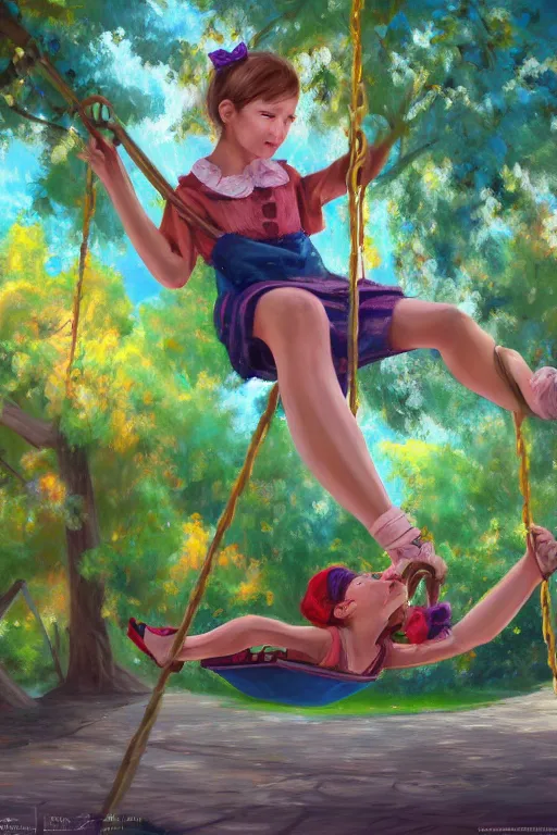 Image similar to A hyperdetailed digital oil painting of A girl is playing on a swing,cartoon, Trending on ArtStation and DeviantArt