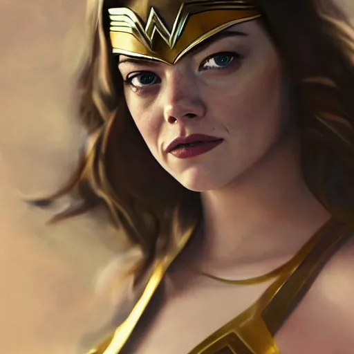 Prompt: cinematic upper third of emma stone as wonder woman, full costume, intricate, elegant, by alyssa monks, highly detailed, symmetrical face, fine details, masterpiece, trending on artstation