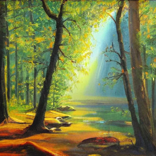 Image similar to an emotional painting of a morning in the woods by a creek with sun shining through the trees, oil painting