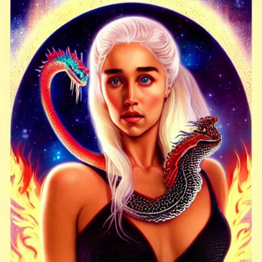 Prompt: cosmic stunning daenerys targaryen portrait with her serpent dragon of fire flame, queen of dragons, fire flaming dragon serpent, Pixar style, by Tristan Eaton Stanley Artgerm and Tom Bagshaw.