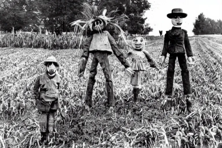 Prompt: disturbing scarecrow from the early 1 9 0 0's leading innocent children into the cornfields