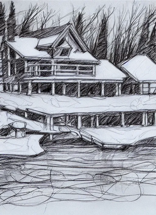 Prompt: a lake house in winter, loose pencil sketch, sketchy, concept art,