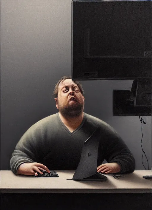 Image similar to insanely detailed chiaroscuro image of a exhausted - looking slightly fat casually - dressed programmer guy on his knees facing his glowing ultrawide computer monitor monitor begging it for forgiveness, oil on canvas, masterwork, fine detail, trending on artstation, emotive, insanely compelling, greg rutkowsky, moebius