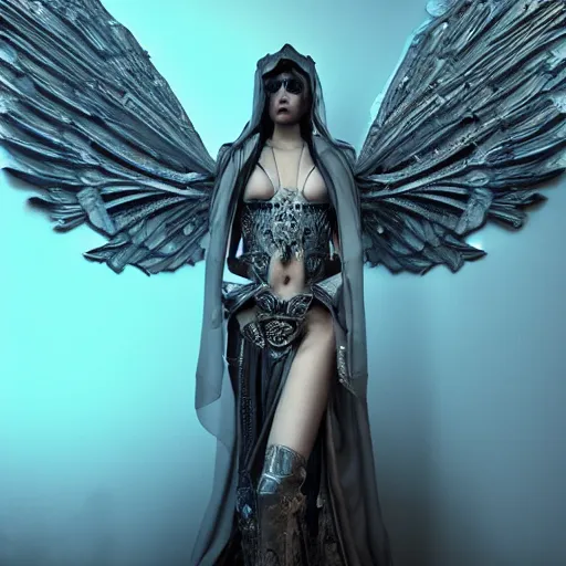 Prompt: tall female angel, wings, shrouded, veiled, ornate cyberpunk armor, flowing robes in an ornate cyberpunk interior, ruins, high arches, cyberpunk cathedral, Cathedral, 8K, trending on artstation, volumetric light, lightrays, smoke, cinematic, atmospheric, octane render, insanely detailed and intricate, hypermaximalist, elegant, ornate, luxury, elite, by James Jean, hyper realistic, super detailed, golden ratio