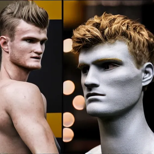 Image similar to a realistic detailed photo of a guy who is an attractive humanoid who is half robot and half humanoid, who is a male android, soccer players martin ødegaard & timo werner, shiny skin, posing like a statue, blank stare, in a factory, on display, showing off his muscles, gold soccer shorts, side view, repairing the other one