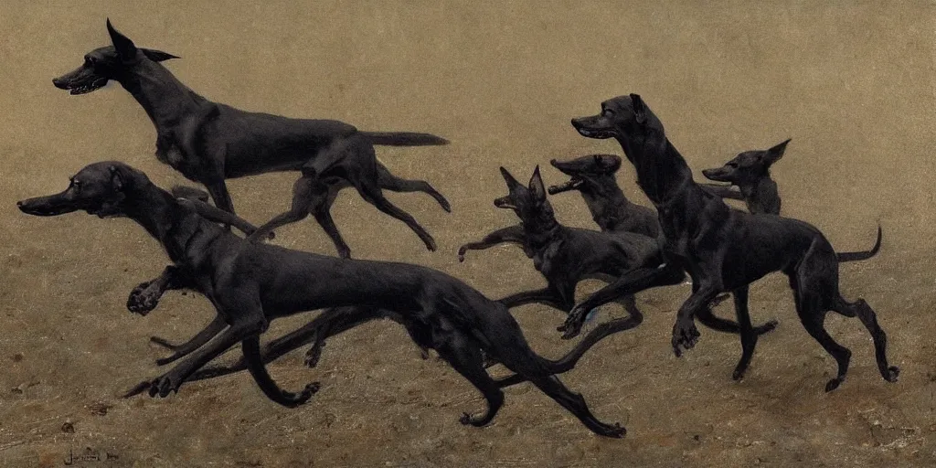 Image similar to black greyhounds running in the night dessert, by john charles dollman, nicola samori and andrew wyeth. highly detailed, realistic. dark atmosphere