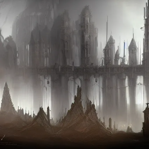 Prompt: A gothic citadel being engulfed by metallic steelwork pipes, cinematic, foggy, fantasy art, artstationhq, concept art