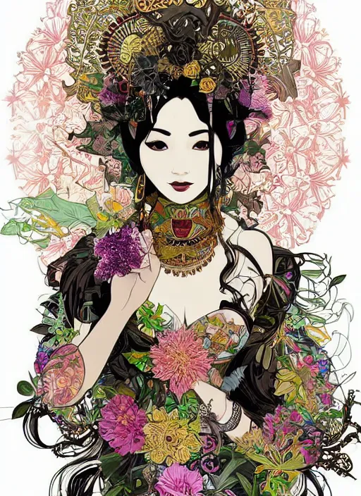 Image similar to !!! very coherent!!! vector art, beautiful floralpunk balinese cyborg portrait girl female illustration detailed patterns art of bali traditional dress, flower pop art, floral splash painting, art by ashley wood, alphonse mucha, makoto shinkai, geof darrow, dark shadow