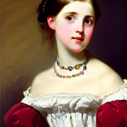 Image similar to portrait of a german teenage princess, circa 1 8 5 0 by franz xaver winterhalter, highly detailed, beautiful, oil on canvas, 1 8 5 0 s, romanticism