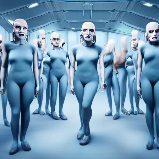 Image similar to troop of cloned freakshow women with white bob hairdos, tight light blue neopren suits, futuristic production facility, sci - fi, highly detailed, cinematic