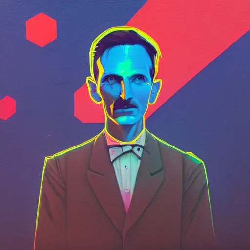 Prompt: majestic futuristic visionary inventor nikola tesla profile picture by sachin teng, masterpiece, organic painting, matte painting, technical geometrical drawing shapes, lightning electricity coil, hard edges, graffiti, street art by sachin teng