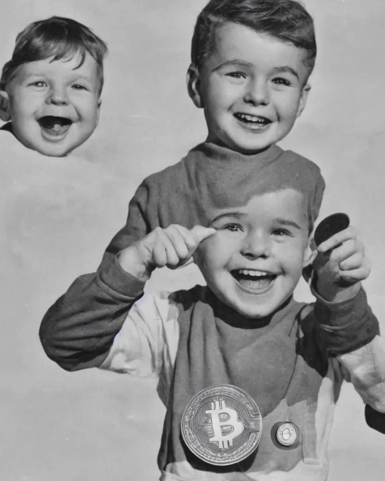 Image similar to 1950s advertisement with a smiling happy toddler boy holding up a coin with the Bitcoin logo using both hands, casual clothing, clear happy smiling face, highly detailed realistic