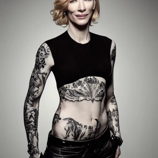 Prompt: high resolution image of cate blanchett with full body tattoo , highly detailed, photorealistic, 4k