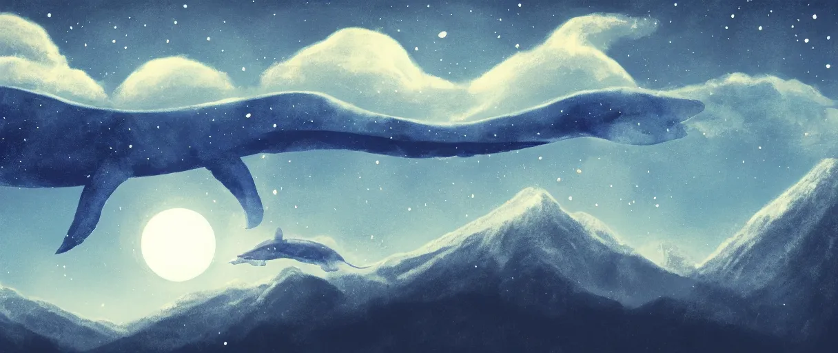 Image similar to blue whale flying in sky, above mountains, concept art, snow, starry sky, nighttime, full moon