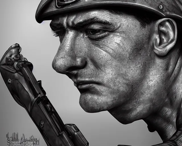 Image similar to A soldier aiming a gun, face in despair, world war 1, close-up, realistic face, beautiful face detail, mature facial features, black and white, amazing digital art, hyper detailed, artstation, in the style of Tony Sart