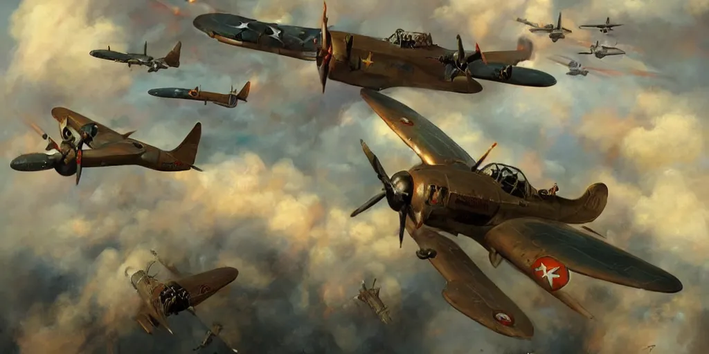 Image similar to airplane battle, ww2, world war 2, wide shot, by Jason Felix by Steve Argyle by Tyler Jacobson by Peter Mohrbacher, oil painting, matte painting, artistic, painting, art