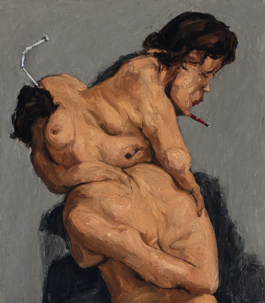 Prompt: the face and shoulders of a young woman without shirt in the style of lucian freud. smoking a cigarette. one hand is reaching behind he head. face has many wrinkles, cuts and character. he is looking down. oil painting, thick brush strokes. shadows. clean gray brown background. lit by a single light from above his head. perspective from below. 5 0 mm