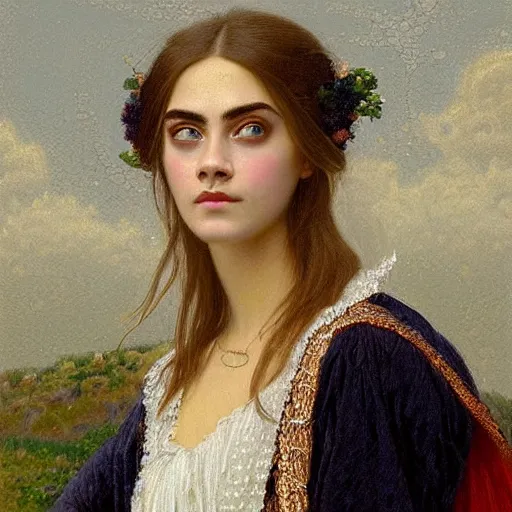 Prompt: a portrait painting of Cara Delevingne without makeup, she has thin eyebrows by Edmund blair leighton