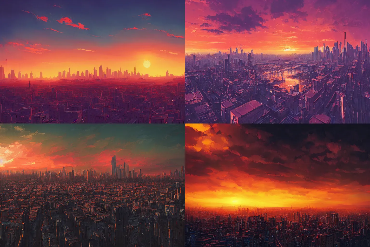 Prompt: concept art of a beautiful sunset over a city skyline by Alena Aenami, wide angle, cinematic, matte, detailed, vivid