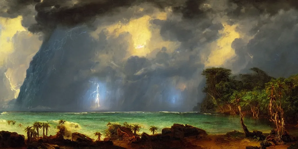 Prompt: a beautiful landscape painting of a tropical island with waterfall and palm trees, raining, storm clouds, lightning, by frederic edwin church, oil on canvas, highly detailed, hd, 4 k
