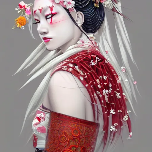 Image similar to albino maiko long hair, jewelry, sakura flower, red and white neon, concept art, intricate details, highly professionally detailed, cgsociety, highly detailed -