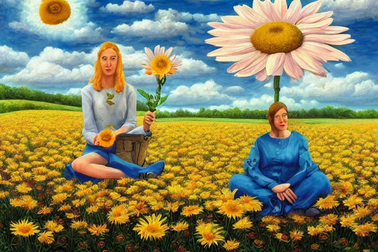 Image similar to giant daisy flower head, woman sitting, surreal, clouds in sky, impressionist painting, digital painting, artstation, rob gonsalves