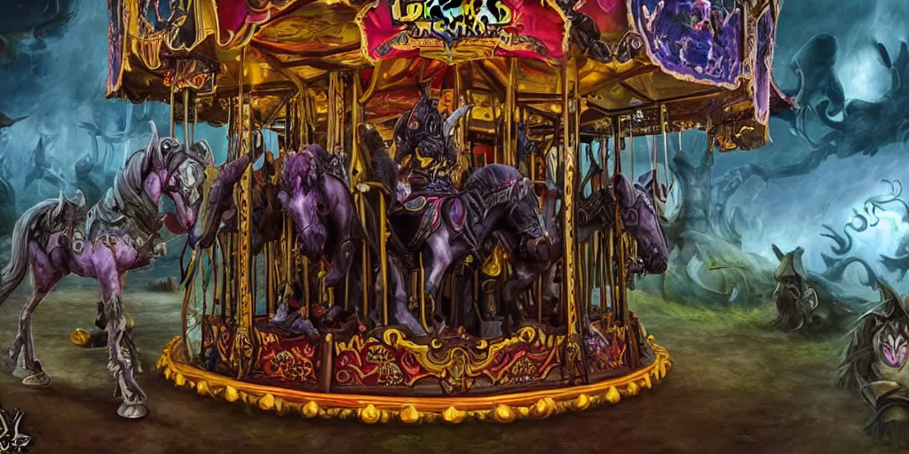 Prompt: a dark fantasy side view of a evil circus coloured carousel horse, tim burton, world of warcraft, league of legends