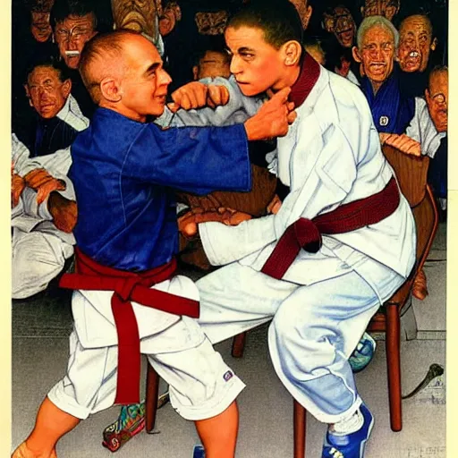 Image similar to benjamin netanyahu karate chopping a kid while wearing karate uniform, by michael cheval and norman rockwell, highly detailed