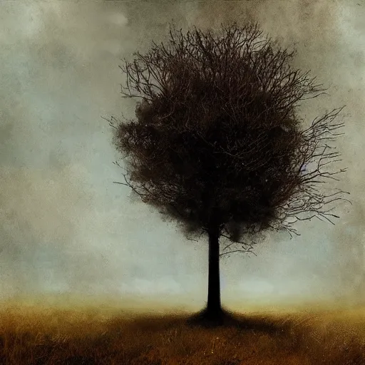 Prompt: lone tree on hill by cy Twombly and BASTIEN LECOUFFE DEHARME, iridescent, volumetric lighting