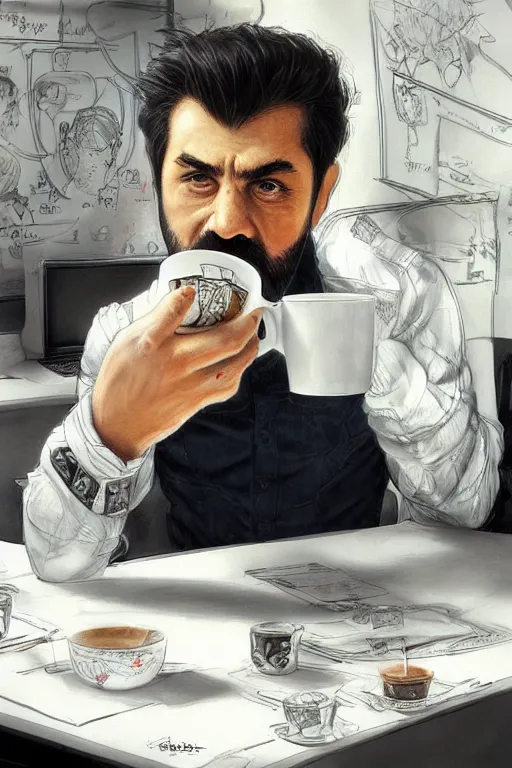 Image similar to a persian man drinking coffee from a paper cup at his work cubicle, by artgerm and yoshitaka amano, trending on artstation