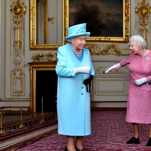 Image similar to Queen Elizabeth playing with a android white robot in the Buckingham palace