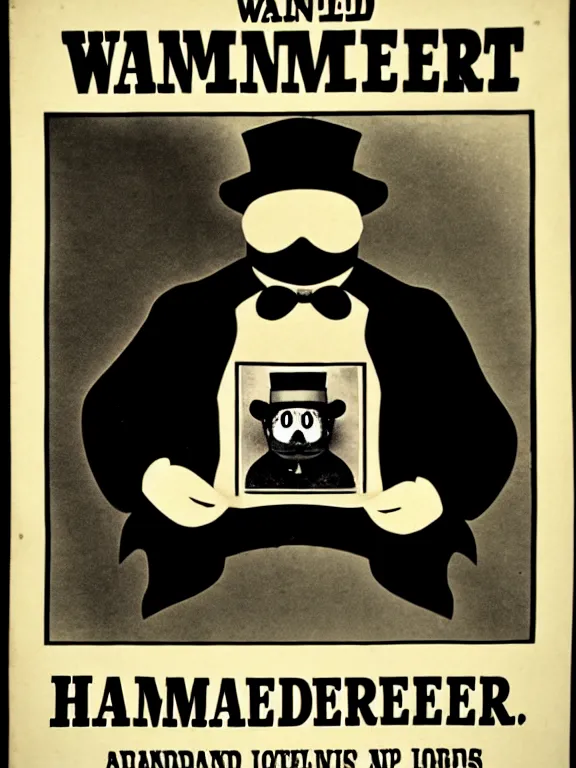 Image similar to a wanted poster for the hamburglar, 1 8 7 6