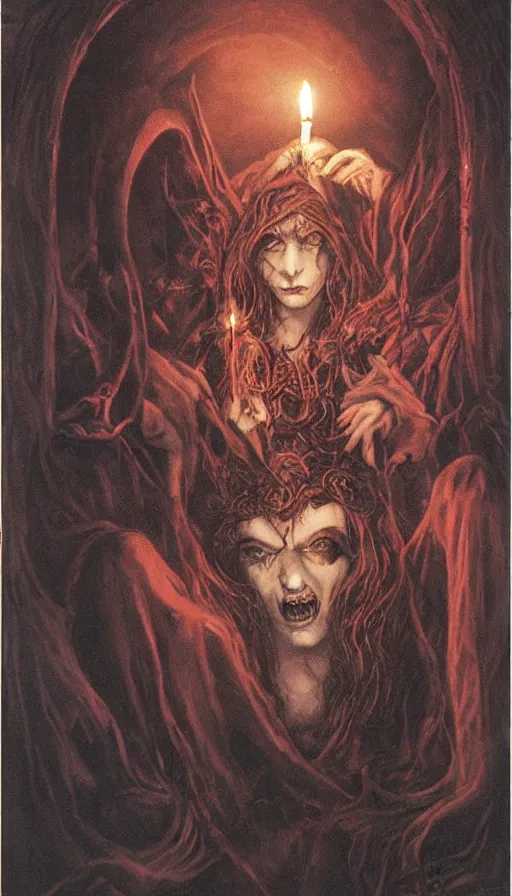 Prompt: carmilla vampire, gothic horror, by brian froud, candlelit catacombs