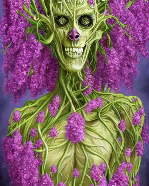 Prompt: Haunting horrifying detailed painting of a tall skinny extraterrestrial flower monster made of lilacs, roses, lilies and daffodils, telekinetic aura, magical powers, and bloodshot eyeballs, hyper detailed, trending on Artstation