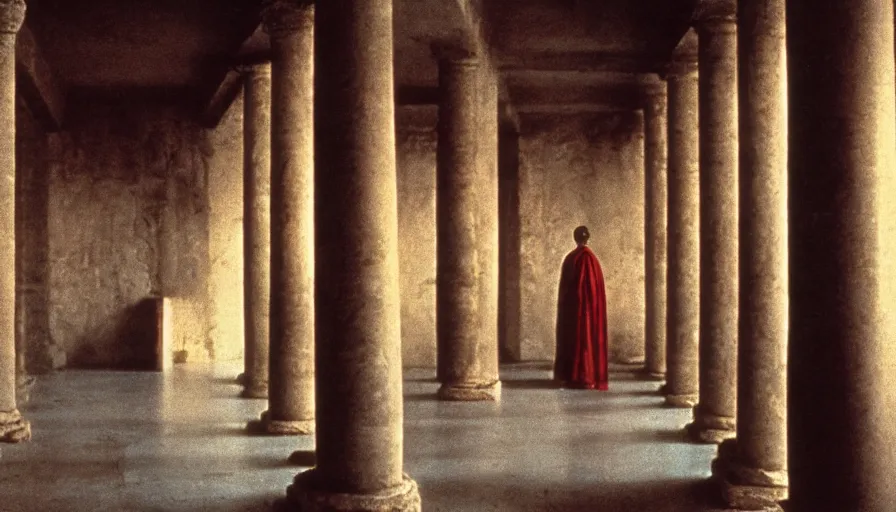 Prompt: 1 9 7 0 s andrei tarkovsky movie still of a man in red drapery in a building with columns and esoterical pyramids, by piranesi, panoramic, ultra wide lens, cinematic light, anamorphic