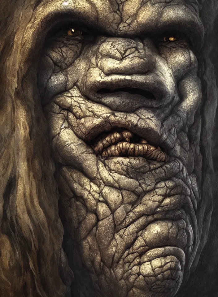 Prompt: a face portrait of a giant rock troll from skyrim, fantasy setting, stone face, dim colors, soft lighting, atmospheric, cinematic, moody, in the style of diego koi, gina heyer, luiz escanuela, art by alyssa monk, hyperrealism, rule of thirds, golden ratio, oil on canvas, 8 k