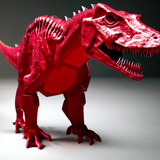 Prompt: a dinosaur made of liquid glass filled with red ink and ice