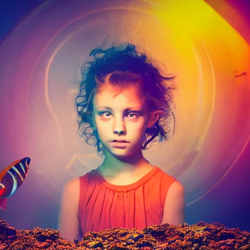 Image similar to girl head in a aquarium, lights caustic, tropical fish, surreal photography