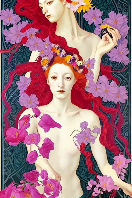 Image similar to 3 Spring Muses symbolically representing March, April, and May, in a style blending Æon Flux, Peter Chung, Shepard Fairey, Botticelli, Ivan Bolivian, and John Singer Sargent, inspired by pre-raphaelite paintings, shoujo manga, and cool Japanese street fashion, dramatically blossoming flora and fauna, petals falling everywhere, pastel vivid triad colors, hyper detailed, super fine inking lines, ethereal and otherworldly, 4K extremely photorealistic, Arnold render