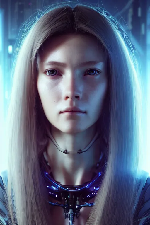 Image similar to a portrait of a beautiful 28th century super cool post-human female very young with long hair, barely human and largely biomechanical cyberpunk, hyper-realistic, very detailed unreal engine, by Artgerm, WLOP and Ross Thran, dramatic cinematic lighting rendered by octane, 8k, detailed, trending on artstation, deviantart google images, pinterest