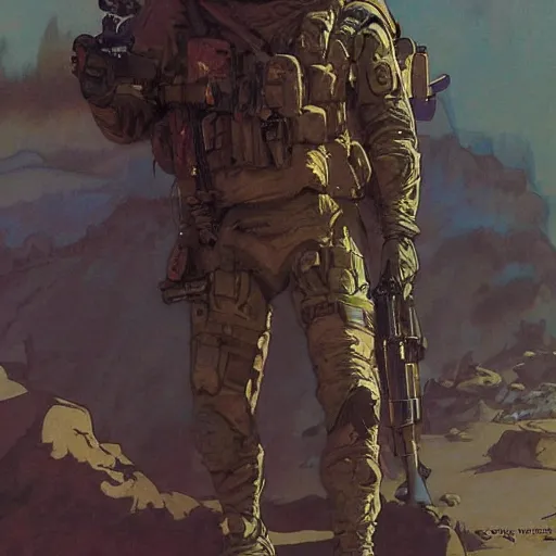 Image similar to Vernon. USN special forces recon operator in near future gear, cybernetic enhancement, on patrol in the Australian neutral zone, Barren landscape. 2087. Concept art by James Gurney and Alphonso Mucha