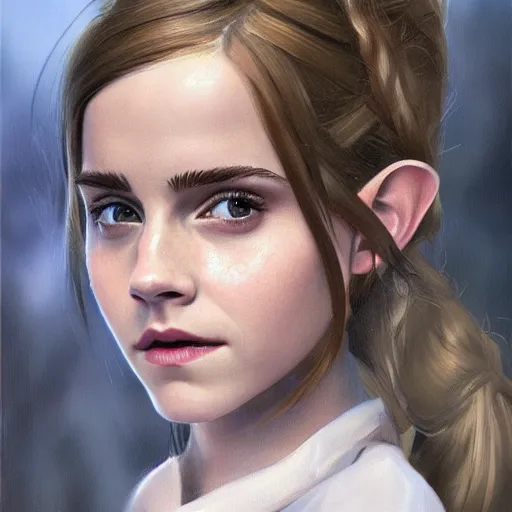 Image similar to a movie still frame, of emma watson as a female elf, oil on linen, beautiful painting, by tooth wu, artgerm, fantasy concept art portrait, by bayard wu,