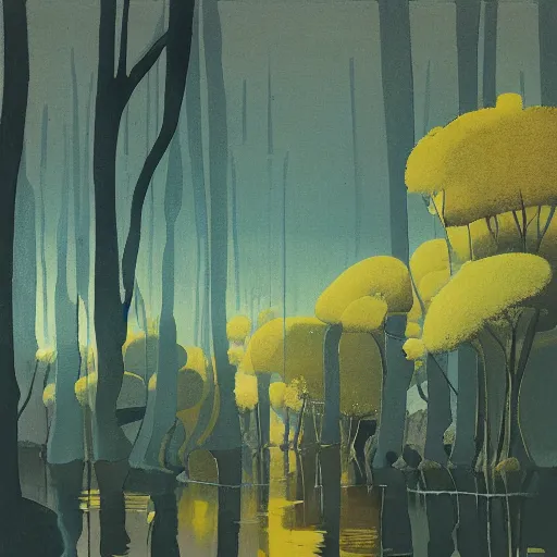 Image similar to 1 9 7 0 s era fine by steve lieber, by dan mcpharlin. a conceptual art of a beautiful scene of nature. the colors are very soft & muted, & the overall effect is one of serenity & peace. the composition is well balanced, & the brushwork is delicate & precise.