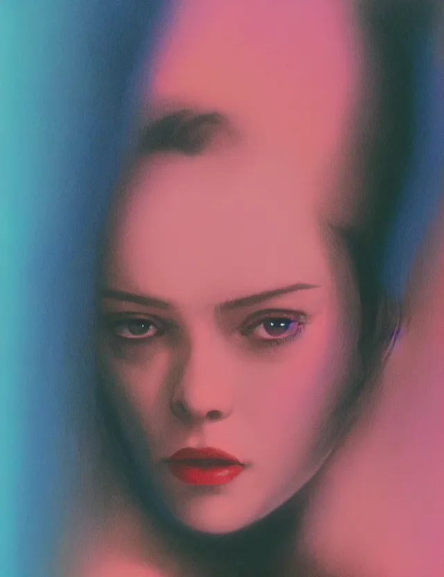 Image similar to face of woman in a tv screen, blue rays from tv, redshift, wide shot, coloured polaroid photograph, pastel, kodak film, hyper real, stunning moody cinematography, by maripol, fallen angels by wong kar - wai, style of suspiria and neon demon, david hockney, detailed, oil on canvas